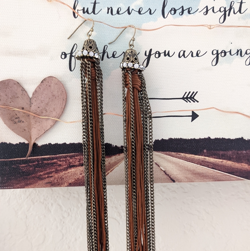 🌞🌞BOHO long duster tassel earrings copper color with rhinestones